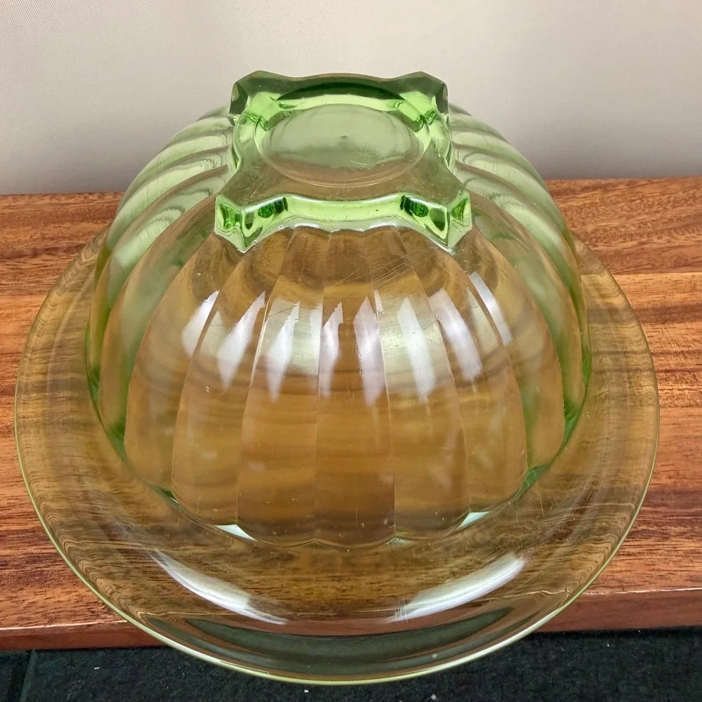 Hazel Atlas Green Uranium Glass Ribbed Footed Mixing Bowl Vtg Depression 9.5